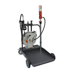 5:1 Premium Trolley Kit with Reel inc HD preset meter gun. A heavy duty mobile oil dispensing kit including hose reel, which comes with a heavy duty digital pre-set meter gun to allow dispensing of pre-set oil volumes.