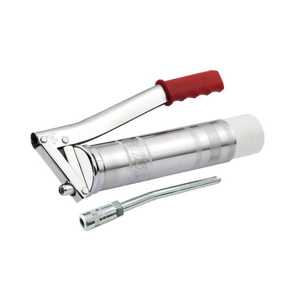 LUBE SHUTTLE Lever Grease Gun, 400g. Lube Shuttle Lever Grease Gun with rigid tube 4-jaw precision hydraulic coupler for 400 gram screw top cartridges, manufactured completely from high quality zinc plated steel including strengthened steel head assembly.
